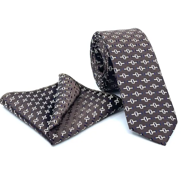 Γραβάτα Microfiber σε Καφέ Μοτίβο Σετ με Μαντηλάκι