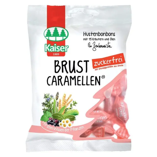 Kaiser Brust Caramellen Καραμέλες για τον Ερεθισμένο Λαιμό & το Βήχα με 15 Βότανα & Έλαια - Χωρίς Ζάχαρη, 60g