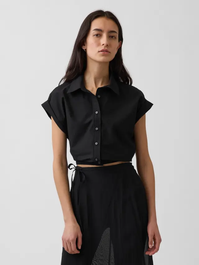 Γυναικείο Πουκάμισο σε Cropped Γραμμή από Ποπλίνα BLACK