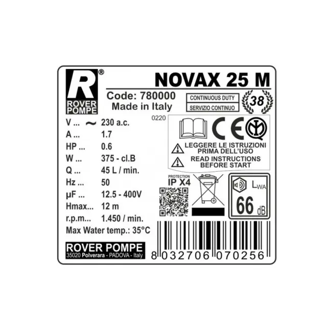 Rover Pompe Novax 25 M Αντλία μετάγγισης με ιπποδύναμη 0.6HP ανοξείδωτη / 102836 2