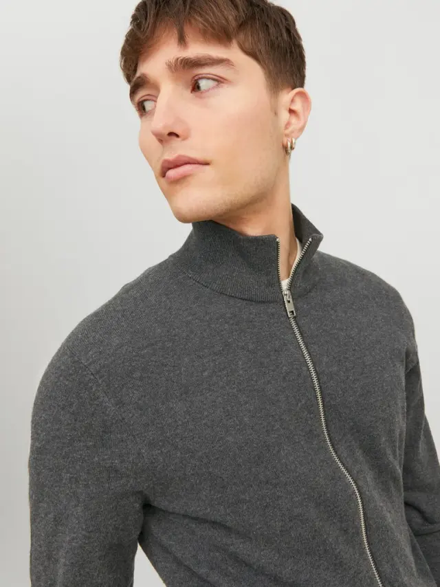 JJEEMIL KNIT TURTLE ZIP CARDIGAN NOOS dark grey melange 2