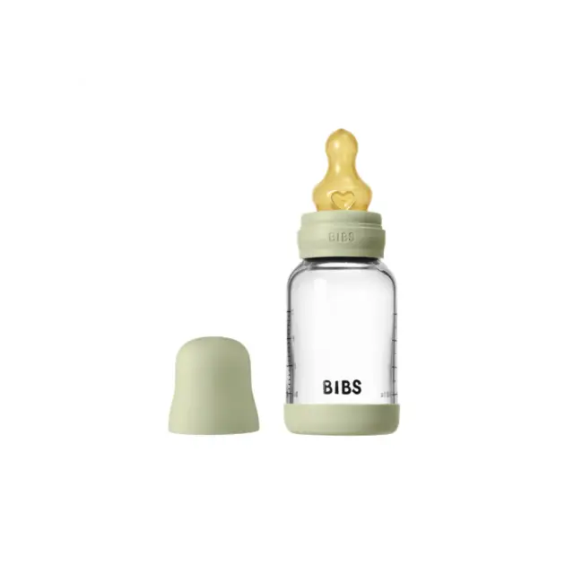 BIBS - Glass Baby Bottle Round Latex Slow Flow - Sage - 120 ml - Baby and Children