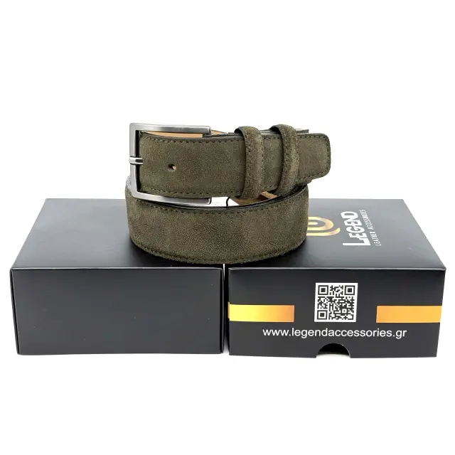 Λαδί Δερμάτινη Ζώνη Nubuck Suede Χακί 3,5 cm 3