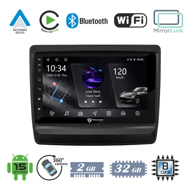 VenCore Οθόνη Multimedia Android 15 9" PX5S Octa-Core 2GB/32GB IPS με Πρόσοψη, CarPlay, Android Auto και Υποστήριξη Κάμερας 360° για Isuzu D-MAX 2020-2025 – Μαύρη (3236-10005-0715B)