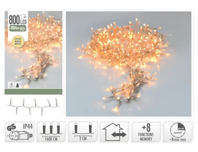 800 Φωτάκια LED - 16 Μέτρα + 3 Μέτρα σύνδεσης , Κανονική Διάταξη, με χειριστήριο, 8 προγράμματα, Διάφανο καλώδιο PVC - Θερμό Λευκό AX8560430