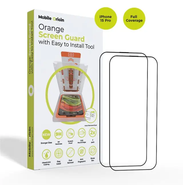 Mobile Origin Orange Screen Guard iPhone 15 Pro with easy applicator, 2 pack
