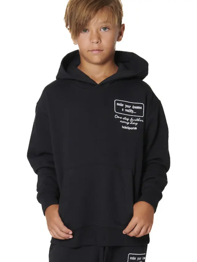 Body ActionFleece Παιδικό Φούτερ με Κουκούλα και Τσέπες Μαύρο - 12-13 χρονών