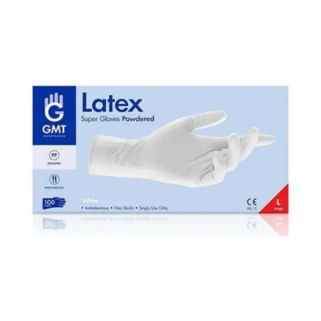 Γάντια Latex GMT Με Πούδρα Λευκό Χρώμα 100τμχ - S