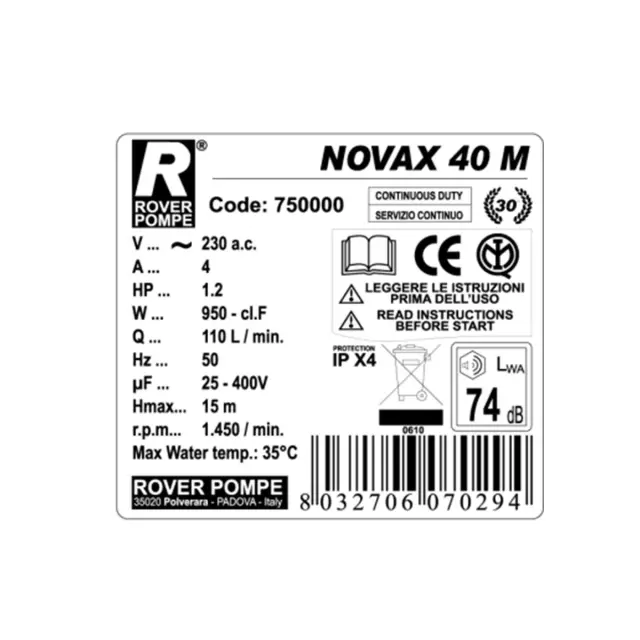 Rover Pompe Novax 40 M Αντλία μετάγγισης με ιπποδύναμη 1.2HP ανοξείδωτη / 102838 2