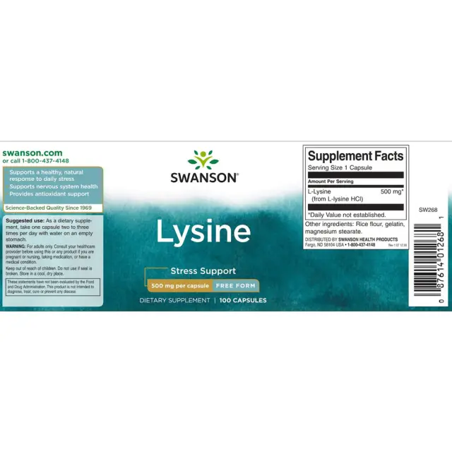 SWANSON Free-Form L-Lysine Stress Support 500mg 100 Caps 2