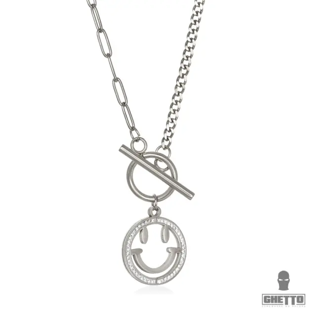 Ghetto Smile Circle Zircon Pendant Hip Hop Necklace SS Silver