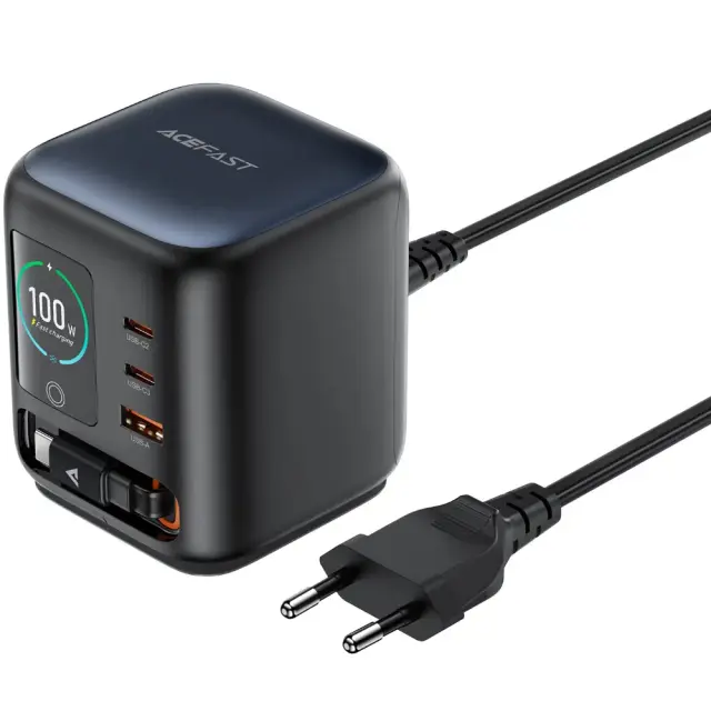 Επιτραπέζιος Φορτιστής Acefast Z10 100W 2xUSB-C 1xUSB-A 1xUSB-C GaN Ενσωματωμένο Καλώδιο και Smart LED Digital Display Μαύρος