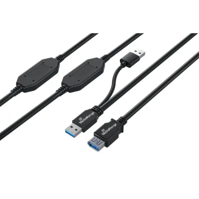 MediaRange Active USB Extension Cable, 2x USB-A Plug to 1x USB-A Socket, 2x Repeater, USB 3.0, 5 Gbps Data Transfer Rate, 15m, Black (MRCS244)