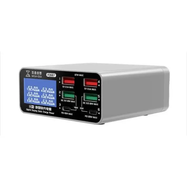 Πολυφορτιστής Πάγκου Service MEGA-IDEA PQ687 PD QC 87W με 6 Θύρες USB & Οθόνη Ενδείξεων N62210