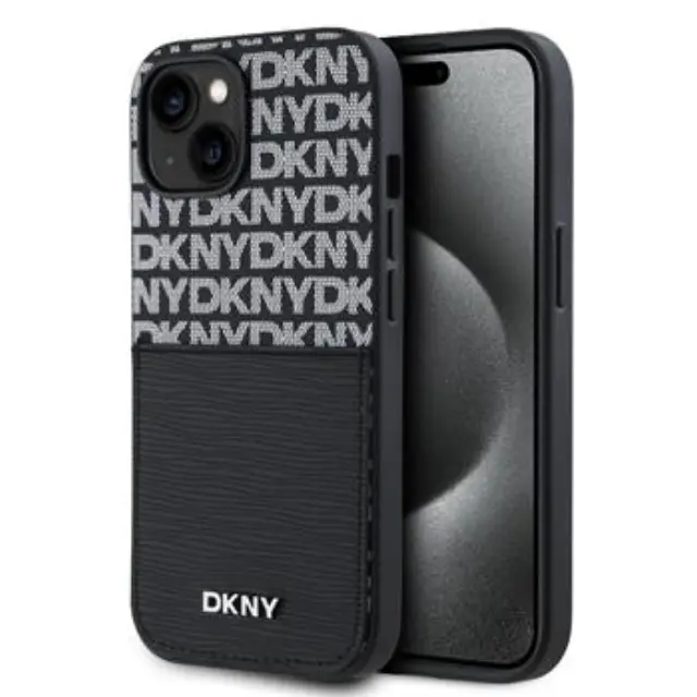 DKNY PU Leather Repeat Pattern Card Pocket Case for iPhone 15 Black