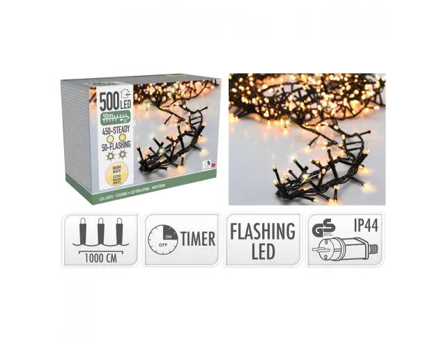 500 Φωτάκια LED - 10 Μέτρα + 3 Μέτρα σύνδεσης, Πυκνή Διάταξη, 10% Flash, Πράσινο καλώδιο -'Εξτρα θερμό λευκό, Θερμό Λευκό AGL000900 2