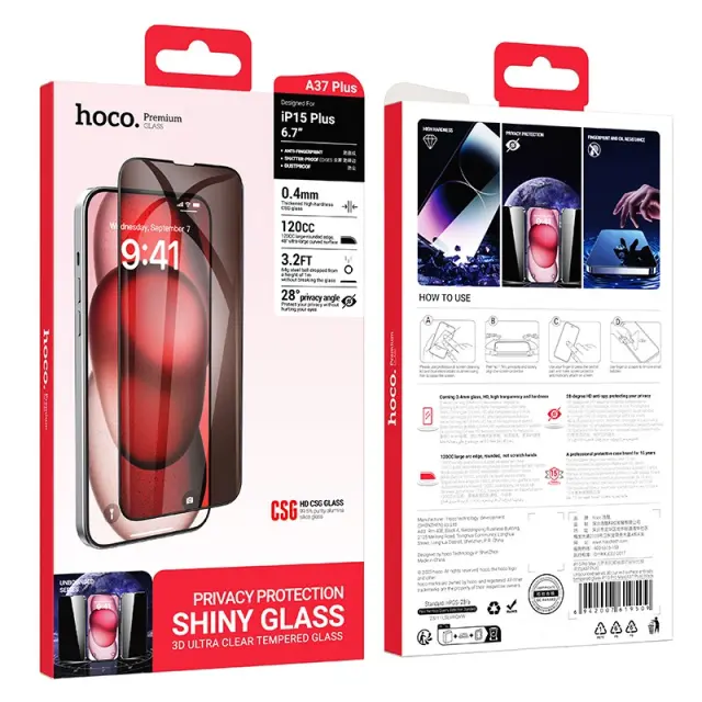 Tempered Glass Hoco Premium Series A37 Plus 120CC Large Arc Edges 28° Privacy Angle Dustproof 0.4mm 3D Anti-Static για Apple iPhone 15 Plus 2