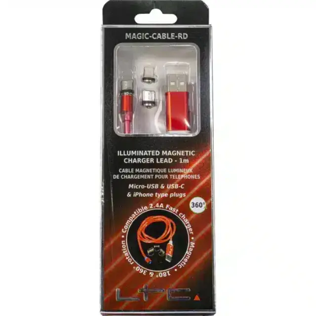 LTC Audio MAGIC-CABLE-RD - 1m Red Luminous Magnetic Charging Cable with 3 Prongs (Lightning/iPhone, USB-C, and Micro-USB) (65-1097) 3