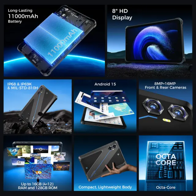 OUKITEL tablet RT3 Plus, 8", 4/128GB, 4G, 11000mAh, IP68/IP69K, μαύρο 2