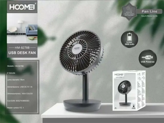 Hoomei Επιτραπέζιο Eπαναφορτιζόμενο USB Ανεμιστηράκι 18cm Μαύρο HM-8278B 2