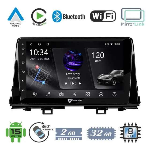 VenCore Οθόνη Multimedia Android 15 9" PX5S Octa-Core 2GB/32GB IPS με Πρόσοψη, CarPlay, Android Auto και Υποστήριξη Κάμερας 360° για Kia Picanto 2017-2021 – Μαύρη (3236-10005-0756B)