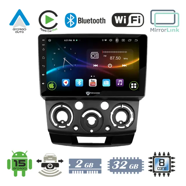 VenCore Οθόνη Multimedia Android 15 9" 9109A MTK6762 Octa-Core 2GB/32GB IPS με Πρόσοψη, CarPlay, Android Auto και Υποστήριξη Κάμερας Οπισθοπορείας AHD για Ford Ranger 2007-2012 – Μαύρη (3236-10007-0687B)