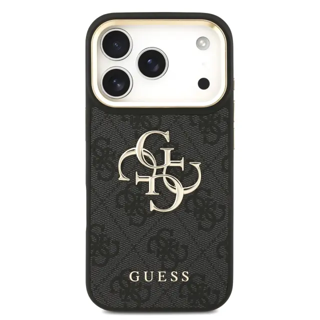 Guess PU Leather 4G Metal Logo Gold Frame Case for iPhone 17 Pro Black 3