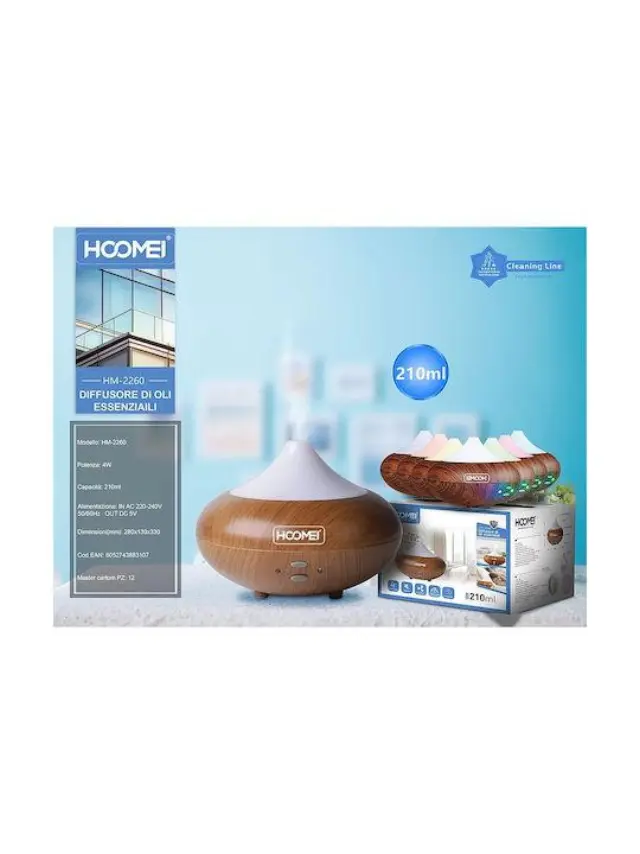 Hoomei Led Συσκευή Αρωματοθεραπείας Υπερήχων με Χρονοδιακόπτη Καφέ 210ml HM-2260 3