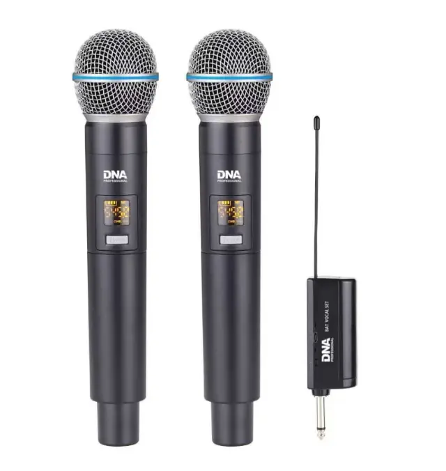DNA BAT DUAL VOCAL SET wireless system battery-powered 2x handheld microphone receiver UHF 518-542 MHz anti-roll ring 6.35 mm jack - 3.5 mm jack adapter 2x windscreen 2