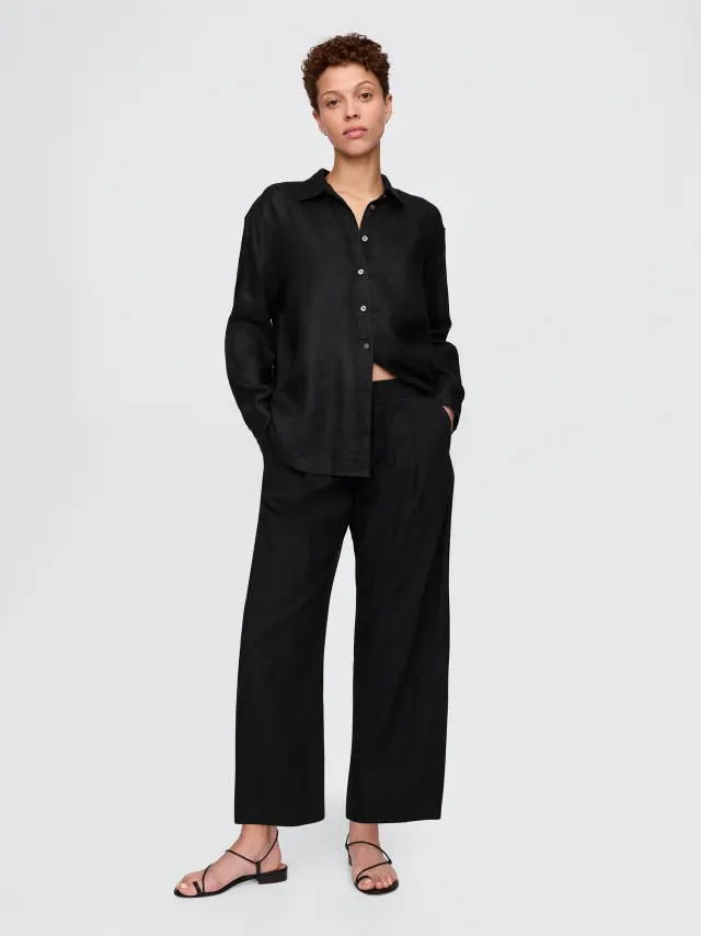 Μαύρο Mid Rise Λινή-Μίξη Easy Barrel Παντελόνι Basic black - XL