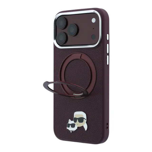 Karl Lagerfeld PU Grained K&CH Heads Ring Stand Magsafe Case for iPhone 18 Pro Max Burgundy 2