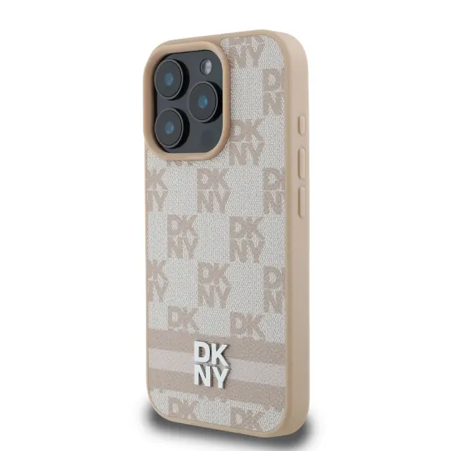 DKNY PU Leather Checkered Pattern and Stripe Case for iPhone 16 Pro Pink 3