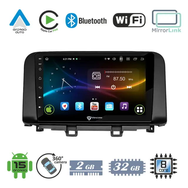 VenCore Οθόνη Multimedia Android 15 10.1" 9109A MTK6762 Octa-Core 2GB/32GB IPS με Πρόσοψη, CarPlay, Android Auto και Υποστήριξη Κάμερας Οπισθοπορείας AHD για Hyundai Kona 2018-2023 – Μαύρη (3236-10008-0342B)
