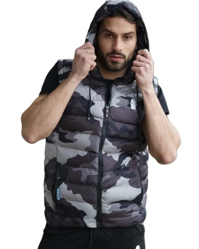 Ghetto Men’s Camouflage Puffer Vest with Embroidered Mask Logo | Streetwear