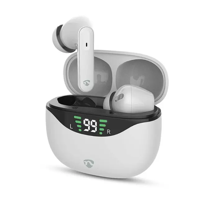 Bluetooth ακουστικά handsfree με θήκη φόρτισης και λειτουργία noise cancelling (ANC), σε λευκό χρώμα.