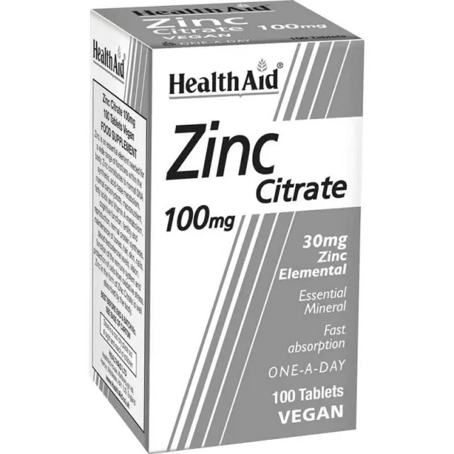Health Aid Zinc Citrate 100mg Συμπλήρωμα Διατροφής Κιτρικός Ψευδάργυρος, 100 ταμπλέτες