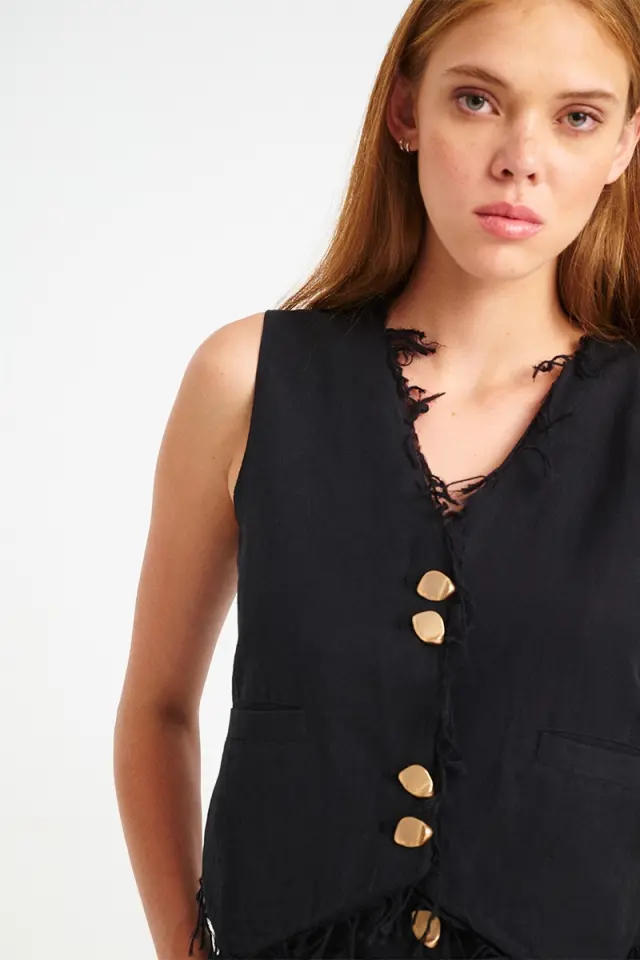 Λινό Γιλέκο με Ξέφτια και Κουμπιά SHONA VEST - XS 3