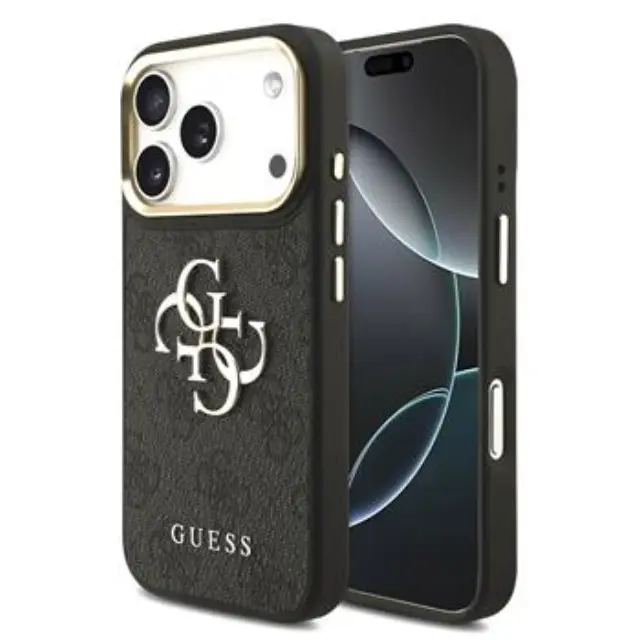 Guess PU Leather 4G Metal Logo Gold Frame Case for iPhone 17 Pro Black