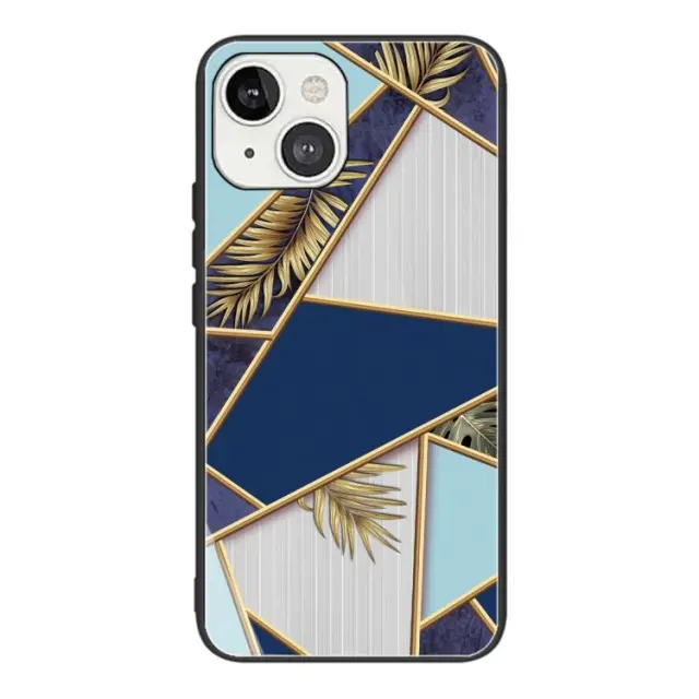 Θήκη Κάλυμμα Πλάτης Glass για iPhone 13 mini Σχέδιο Μάρμαρο Gold/ Blue