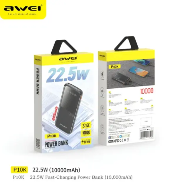 Awei P10K Power Bank 10000mAh 22.5W με 2 Θύρες USB-A και Θύρα USB-C Μαύρο 2