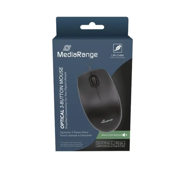 MediaRange Optical Mouse Corded 3-Button Silent-click (Black, Wired) (MROS212)