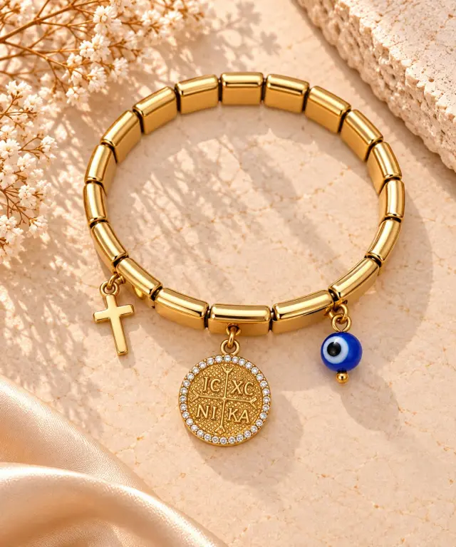 Gold Stainless Steel Bracelet with Byzantine Charm, Cross & Evil Eye