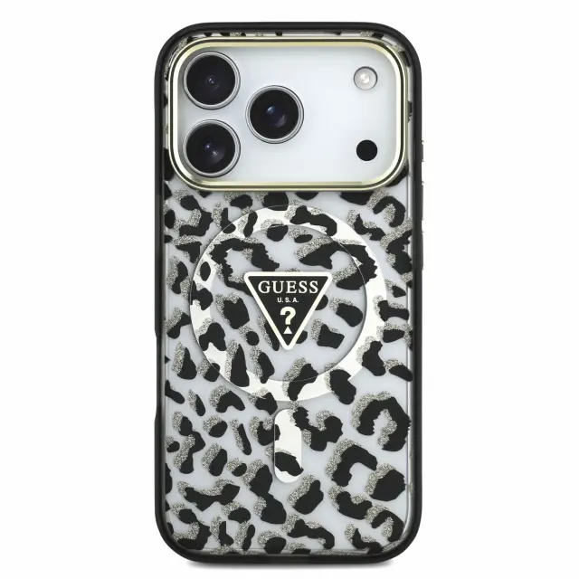 Guess IML Glitter Leopard Triangle Logo MagSafe Case for iPhone 18 Pro Max Black 3