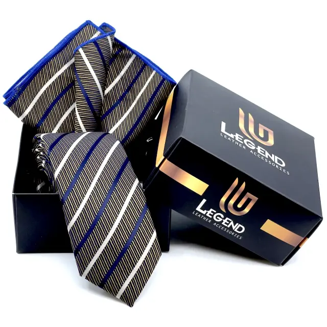 Μπεζ Ριγέ Γραβάτα Microfiber Σετ με Μαντήλι Σχέδιο 7766 3