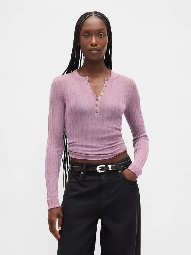 Διάφανο Ριμπ Henley Πουλόβερ Amethyst purple