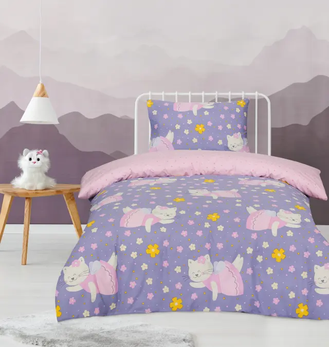 Σετ Παπλωματοθήκη 165x245 Μονή Kocoon Miaow Pink-Lilac 100% βαμβακερό