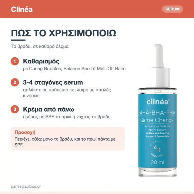 Clinéa AHA-BHA-PHA Game Changer Serum Νυκτός κατά Ατελειών με Οξέα & Κολλαγόνο 30ml 3