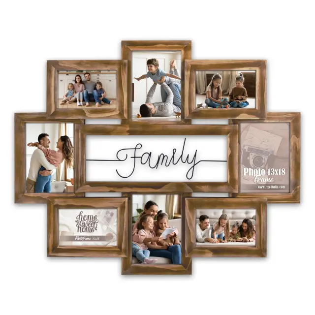 Πολυκορνίζα FAMILY ξύλινη τοιχου , χρώμα καφέ ,για 8 φωτογραφίες 10Χ15 & 13x18 διαστάσεις 55x67cm
