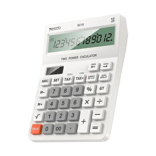 Yesido® EC10 Desk Calculator Solar and Battery Power Source, MAx 12 Digits of Number- White.