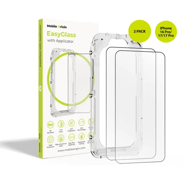 Mobile Origin EasyGlass with Applicator iPhone 16 Pro/17/17 Pro, 2 pack
